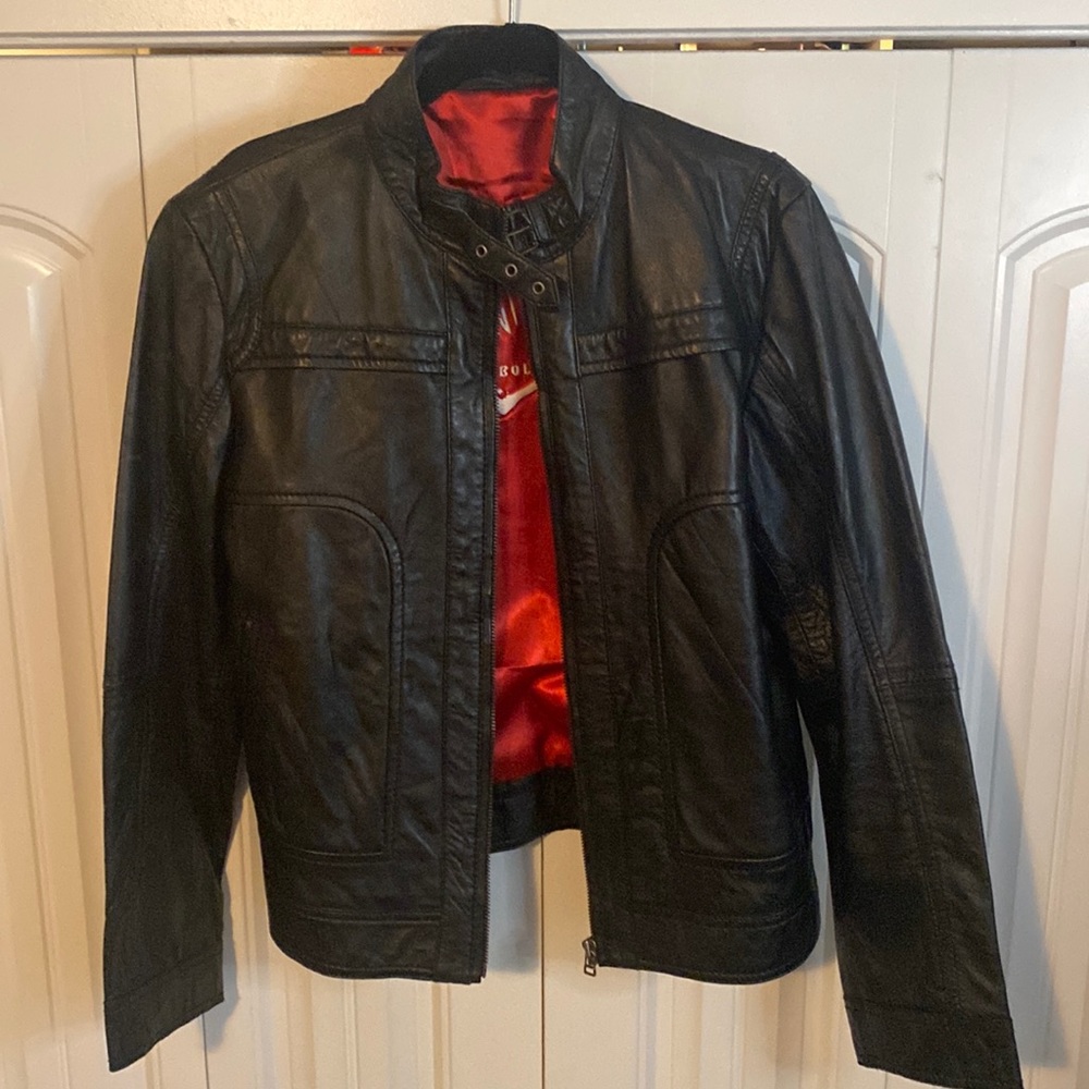 Moto-style genuine leather jacket - black - size 14